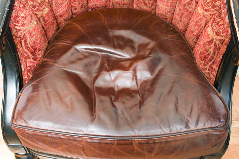 Vanguard Furniture Leather and Brocade Upholstered Barrel Chair And Footstool