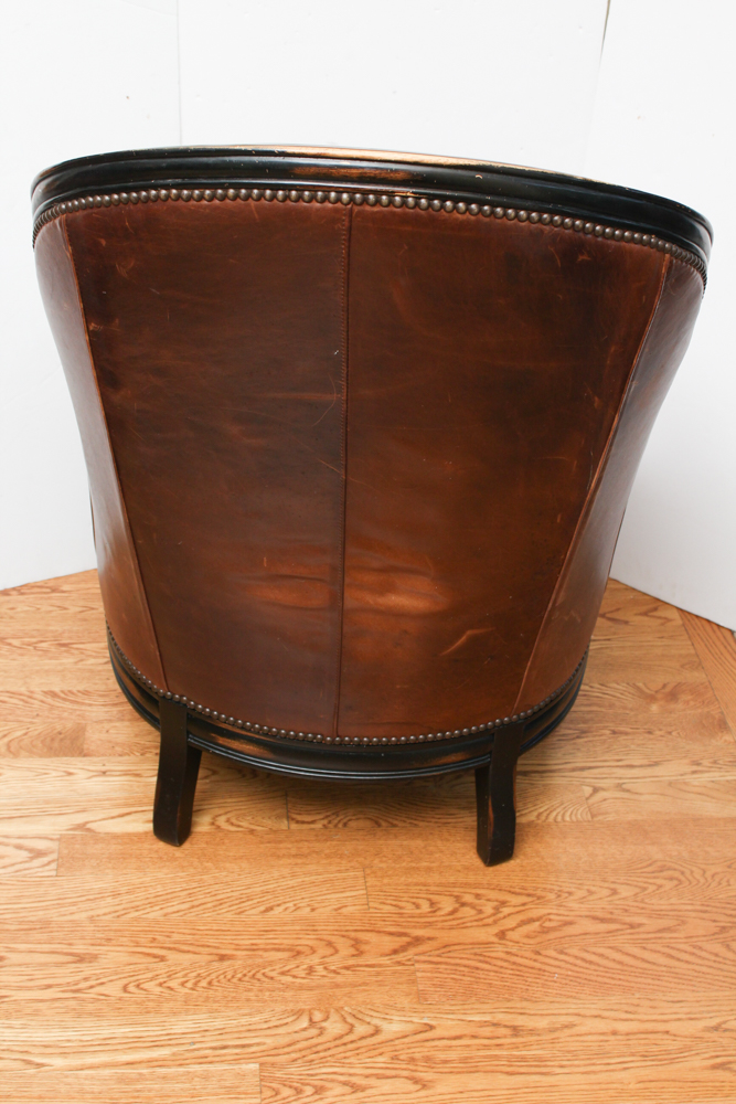 Vanguard Furniture Leather and Brocade Upholstered Barrel Chair And Footstool