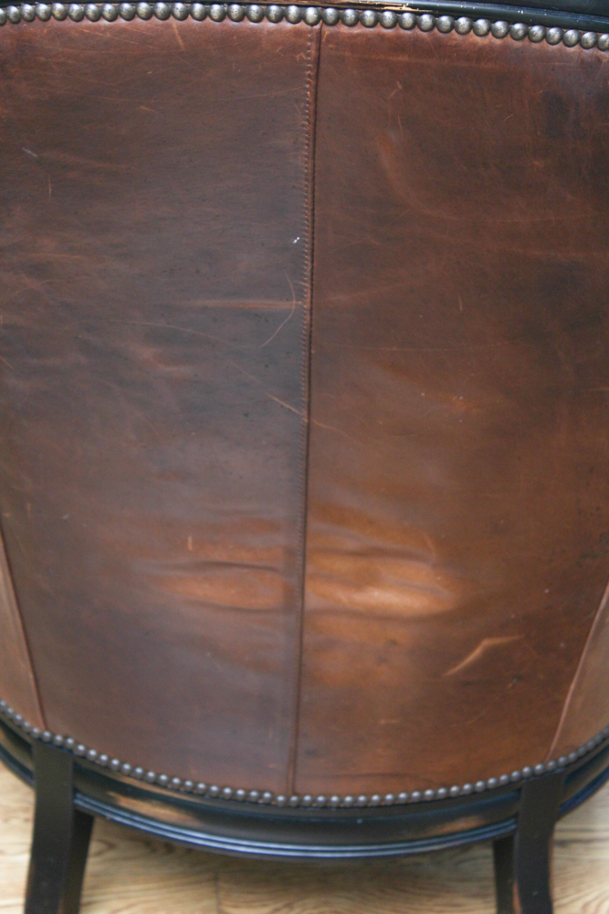 Vanguard Furniture Leather and Brocade Upholstered Barrel Chair And Footstool