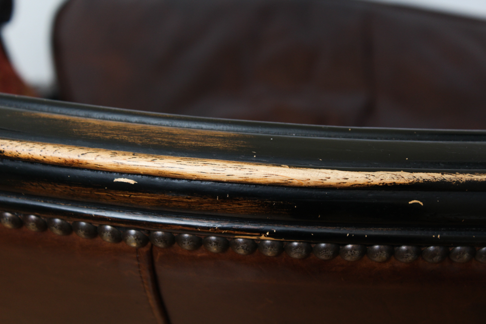 Vanguard Furniture Leather and Brocade Upholstered Barrel Chair And Footstool