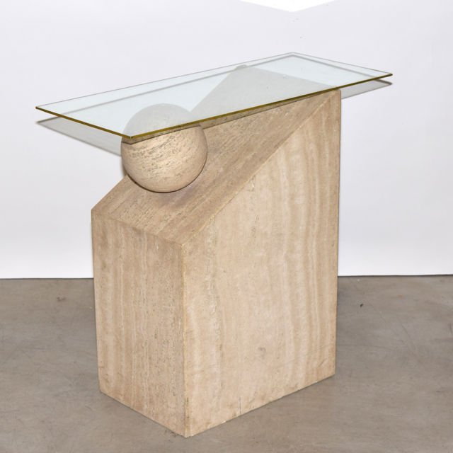 Carved Fossil Stone and Glass Side Table