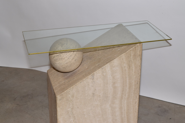 Carved Fossil Stone and Glass Side Table