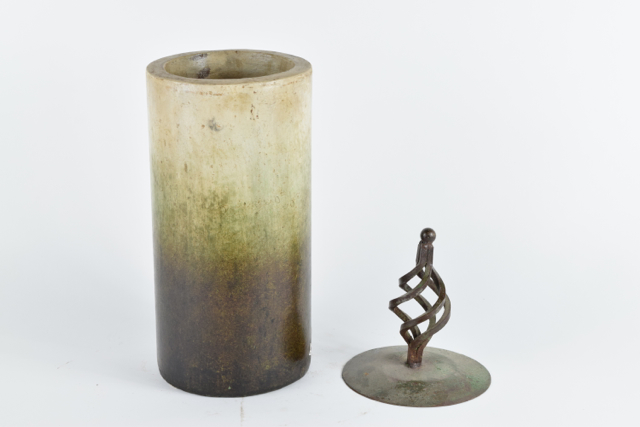 Sage and Cream Tone Covered Terracotta Cylindrical Vase