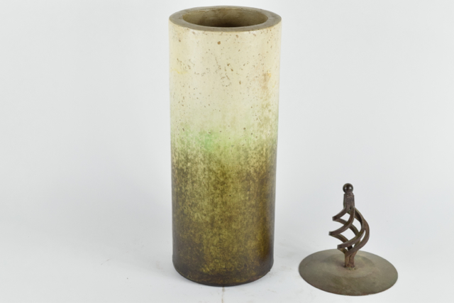 Sage and Cream Tone Covered Terracotta Clylindrical Vase