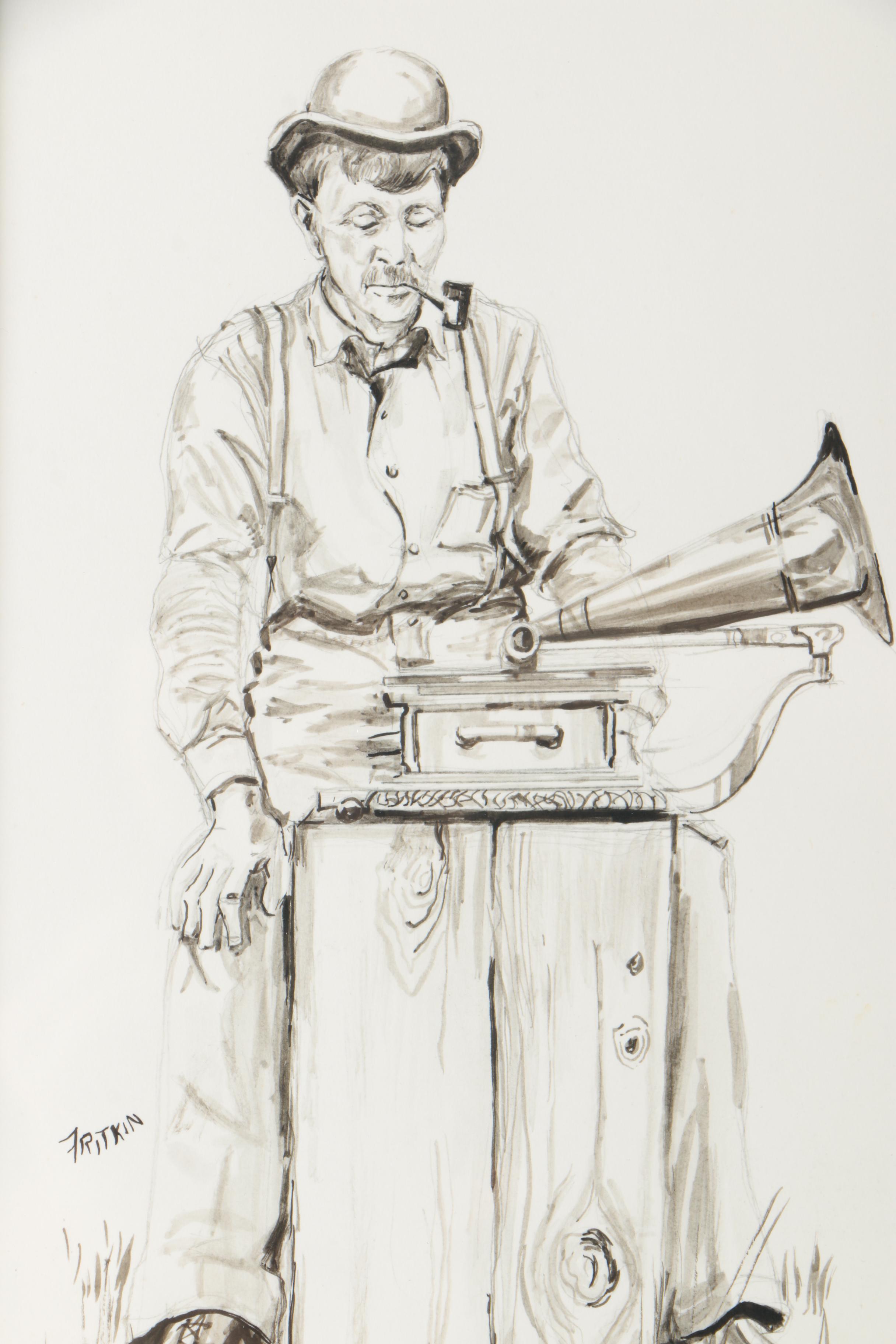 Ronald Fritkin Ink Sketch of a Man With a Phonograph
