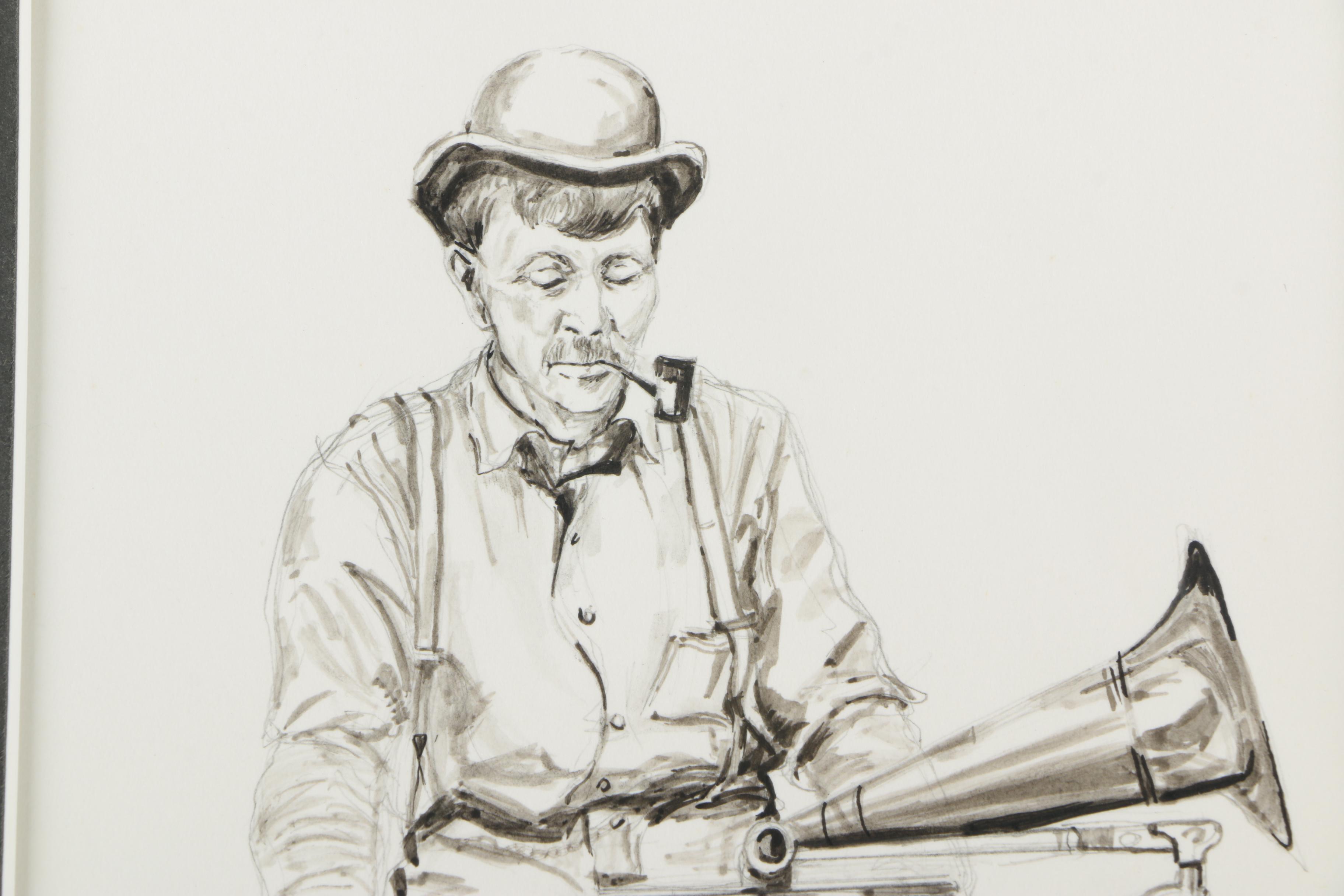 Ronald Fritkin Ink Sketch of a Man With a Phonograph