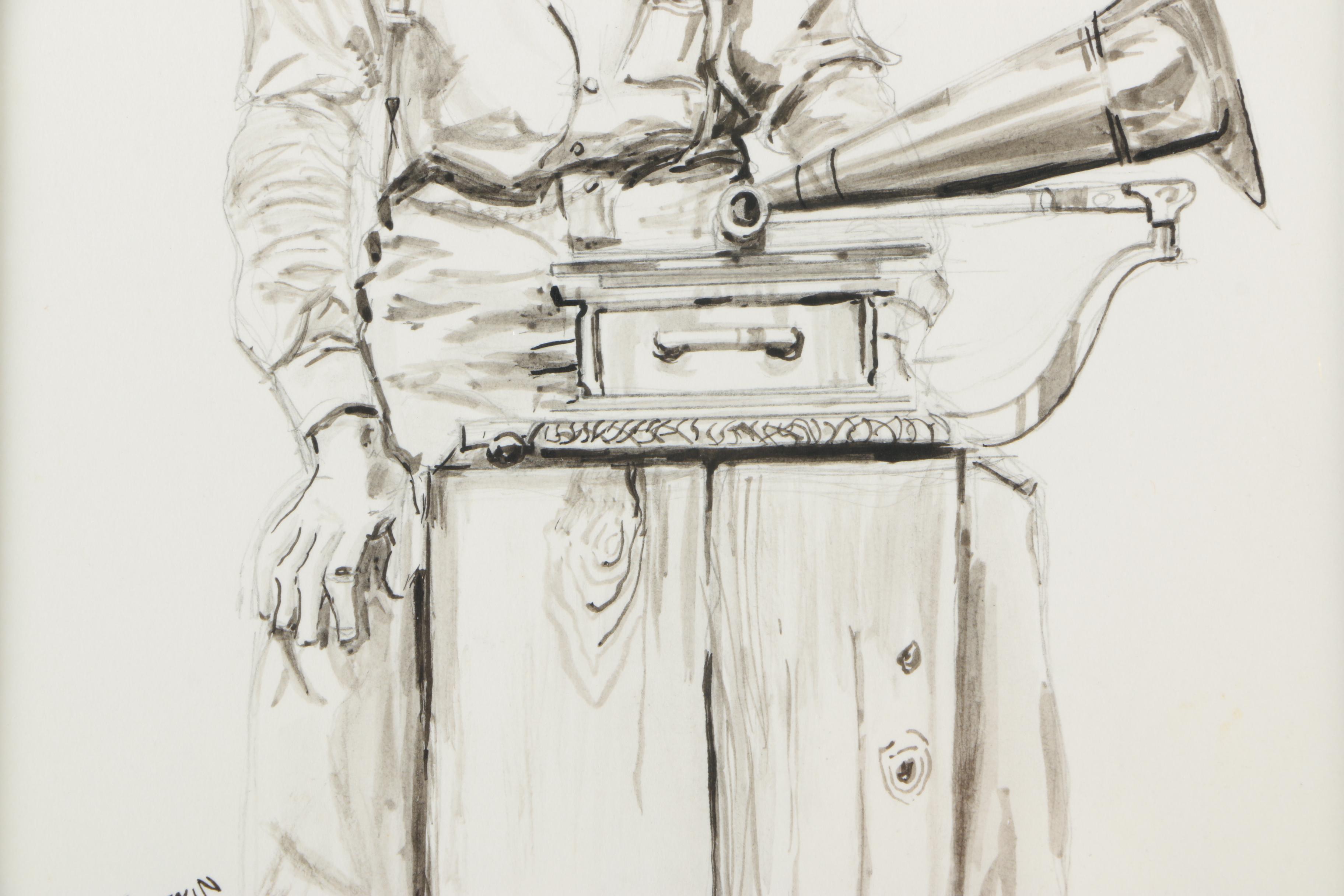 Ronald Fritkin Ink Sketch of a Man With a Phonograph