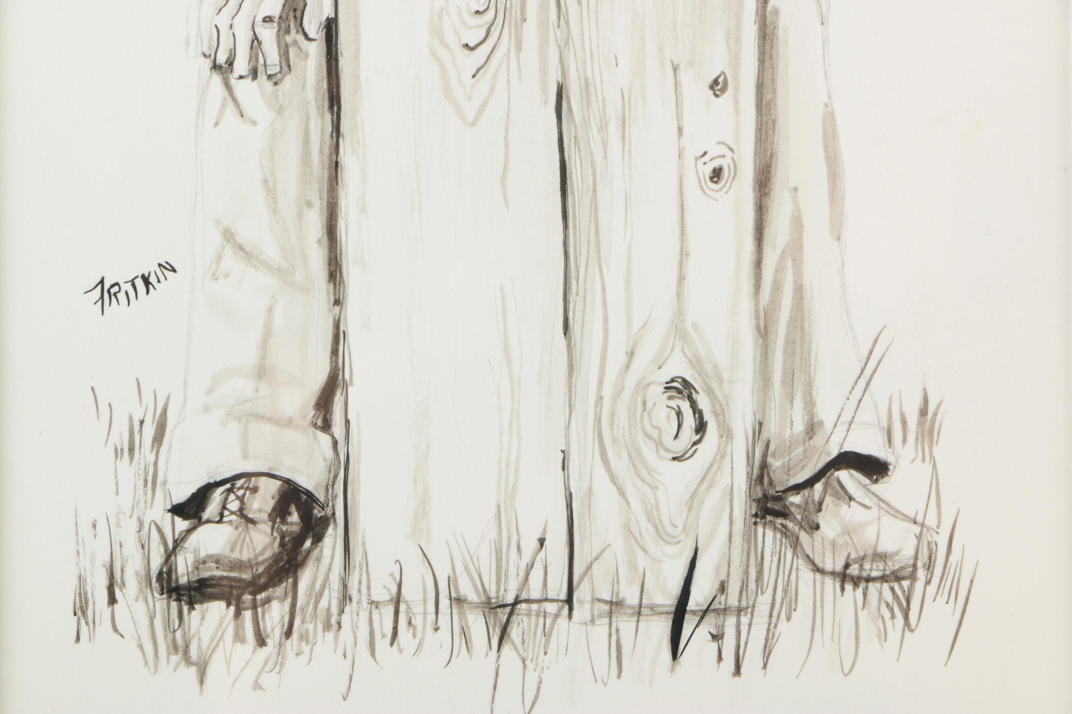 Ronald Fritkin Ink Sketch of a Man With a Phonograph