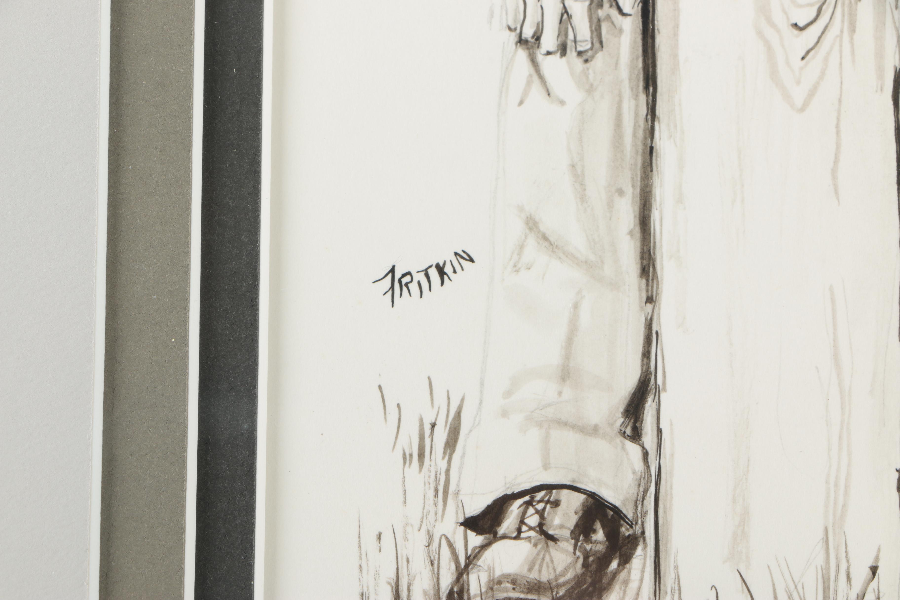 Ronald Fritkin Ink Sketch of a Man With a Phonograph