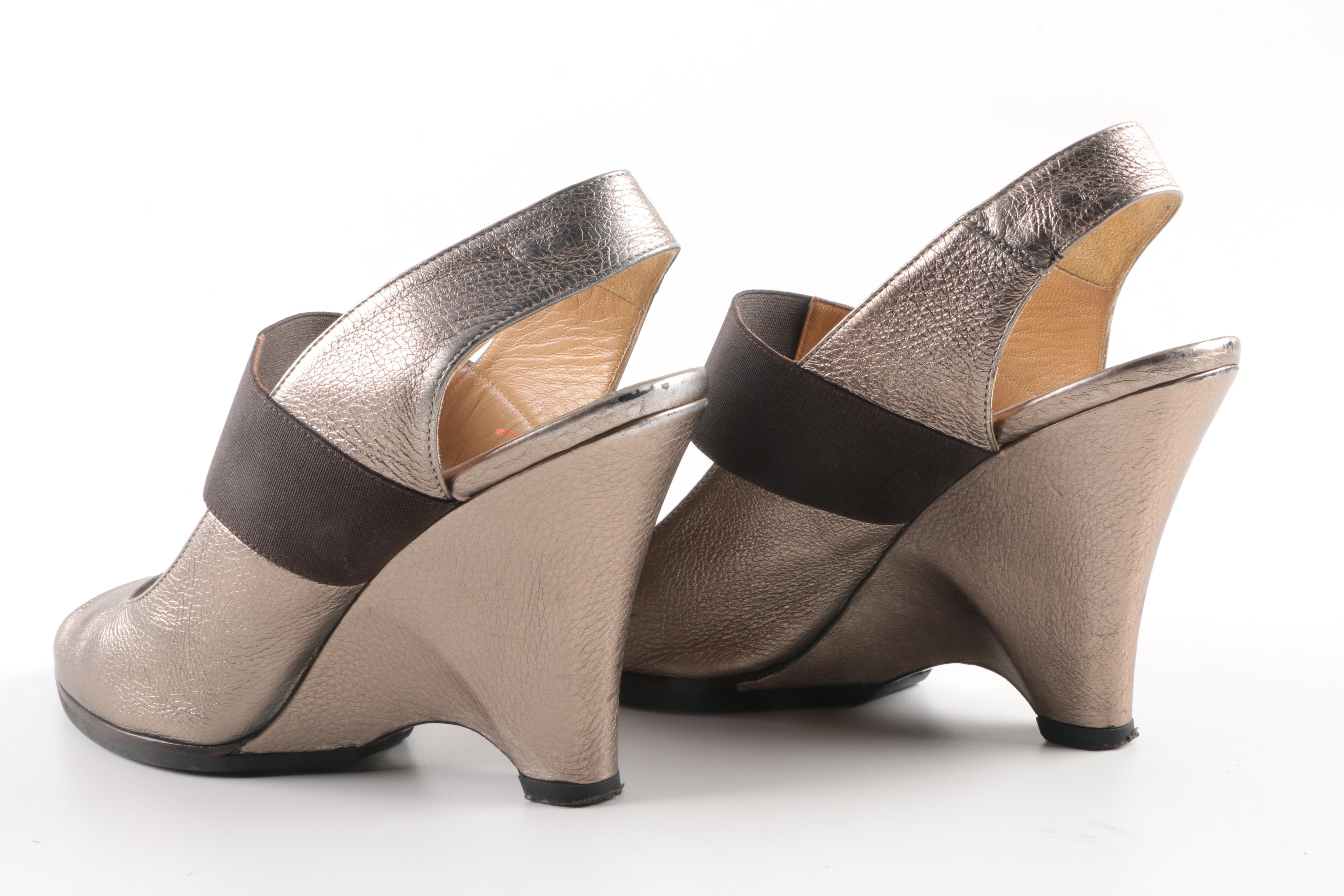 Marni Silver Tone Leather Wedges