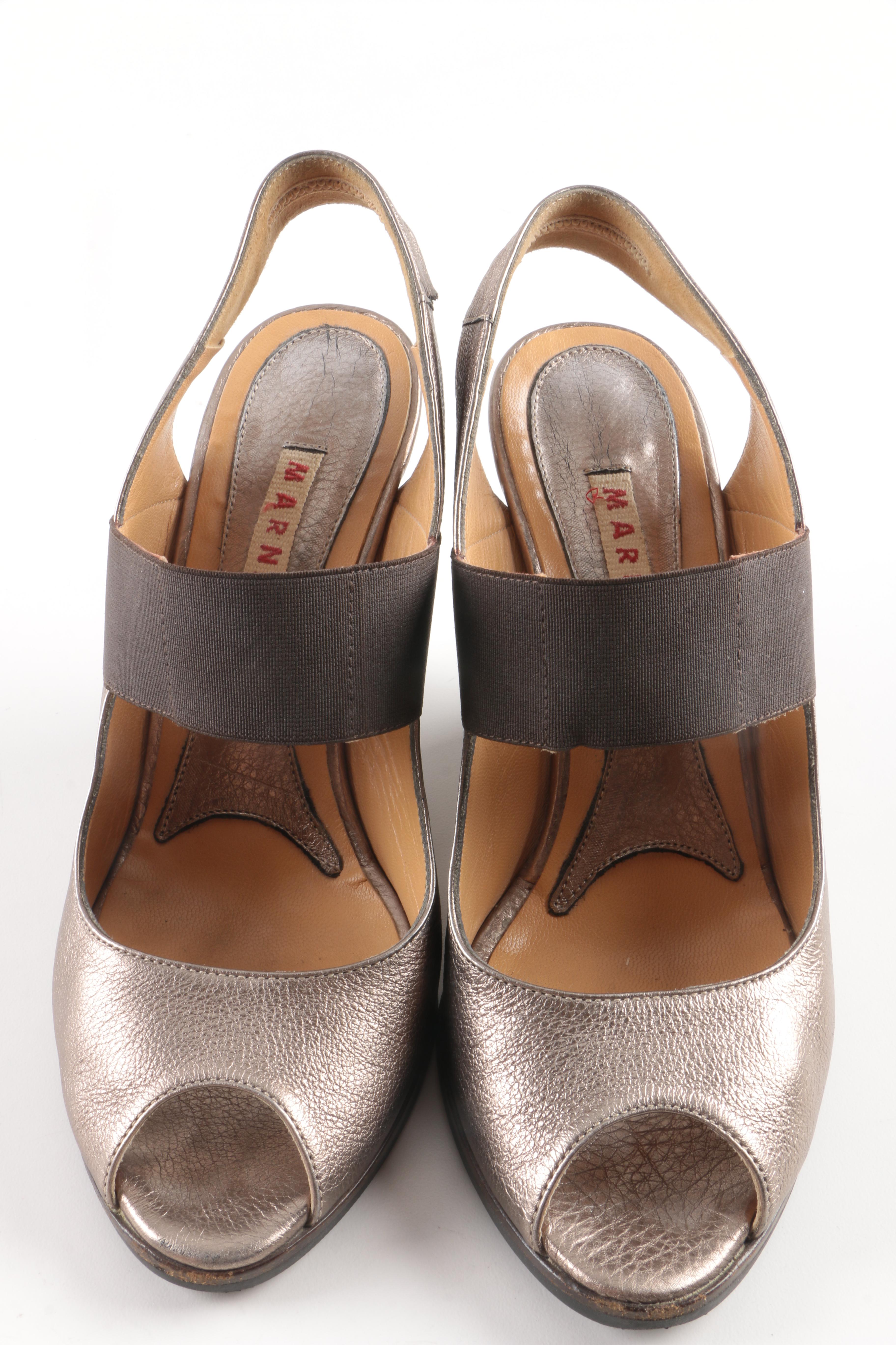 Marni Silver Tone Leather Wedges