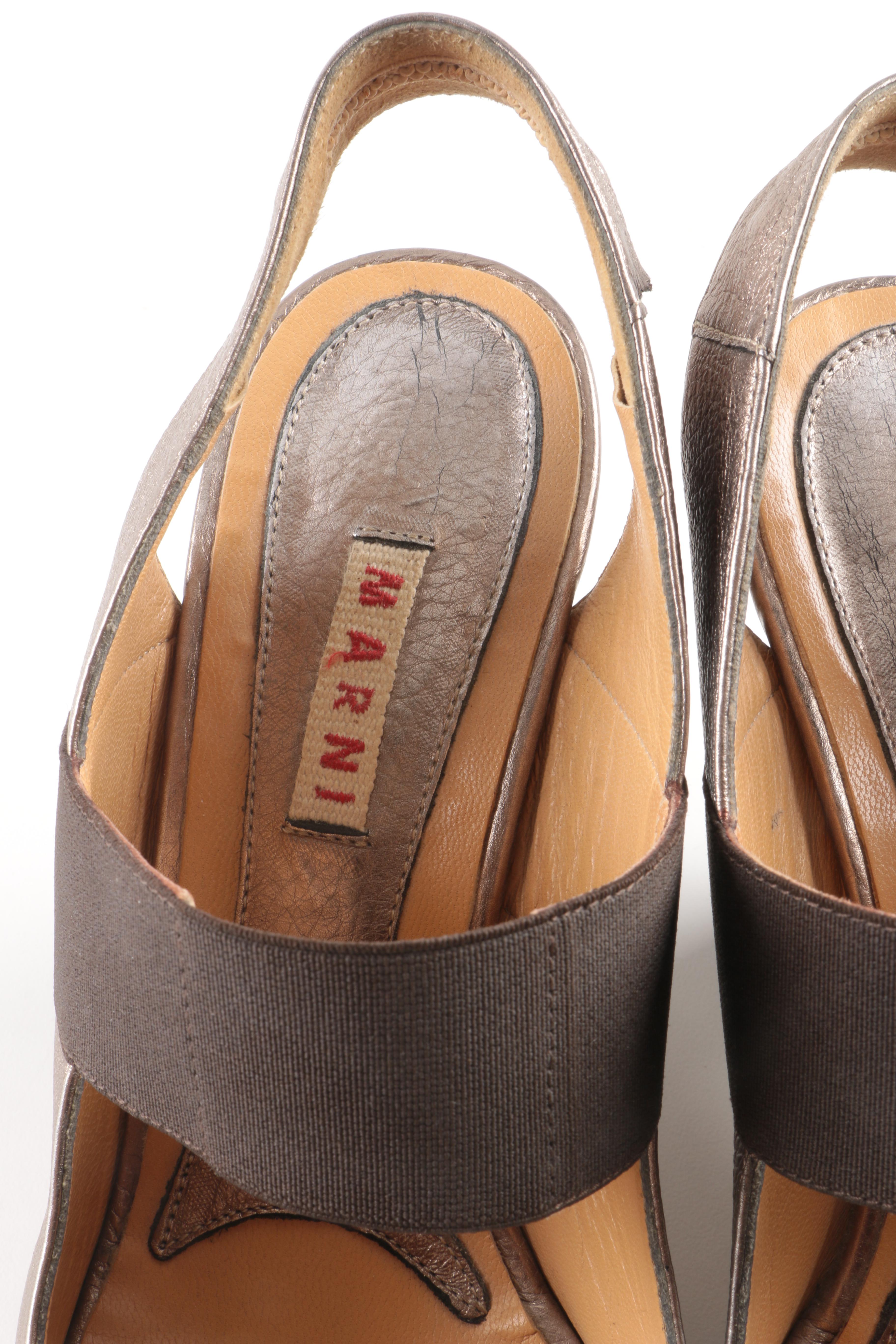 Marni Silver Tone Leather Wedges