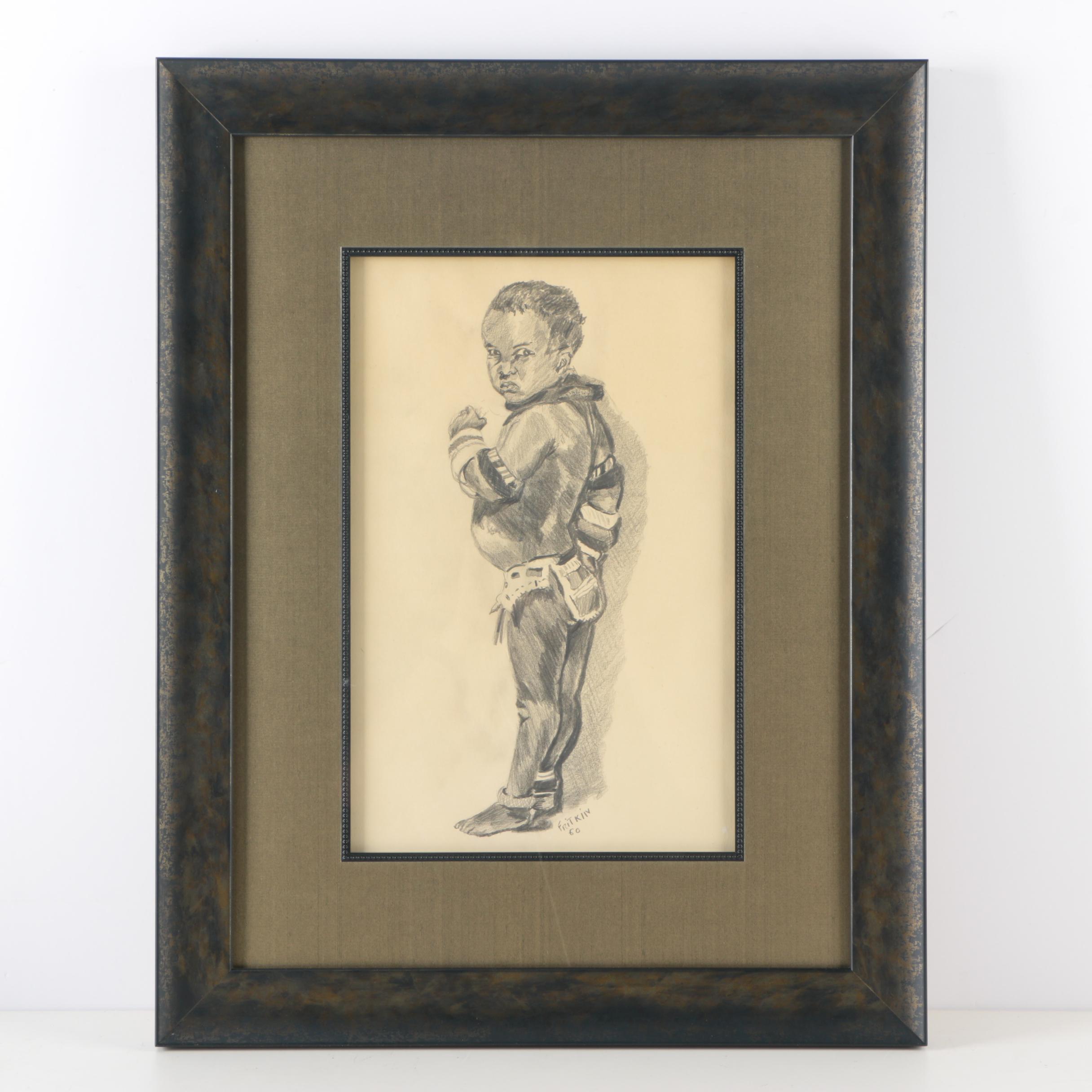 Ronald Fritkin 1960 Graphite Sketch on Paper of African Child