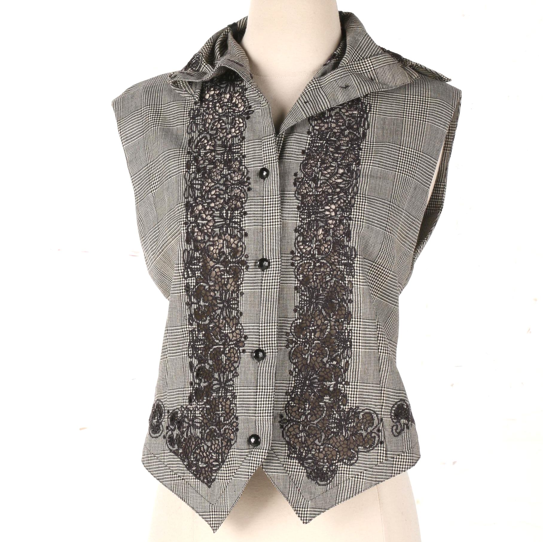 Gianni Versace Plaid Houndstooth Vest with Floral Detailing