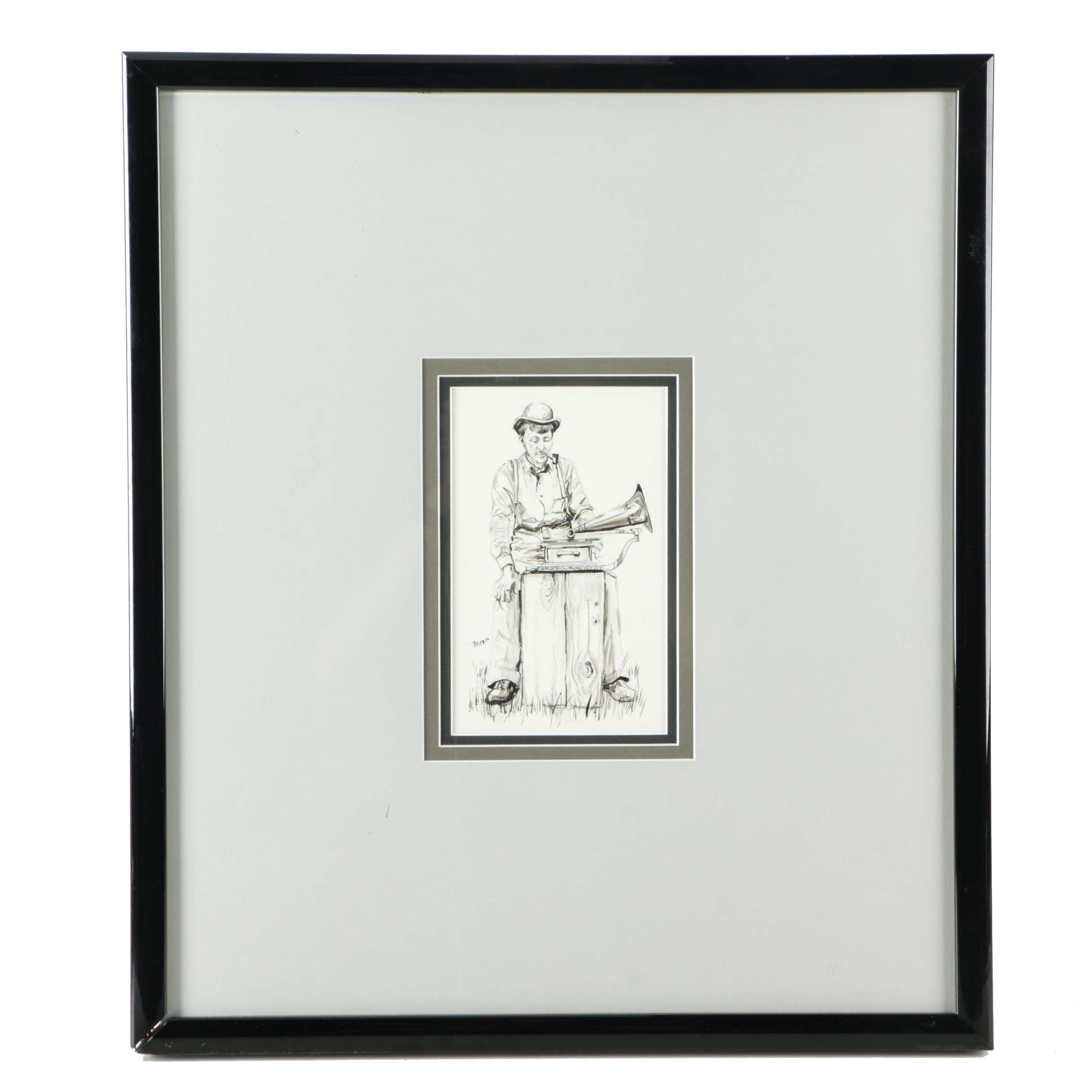 Ronald Fritkin Ink Sketch of a Man With a Phonograph