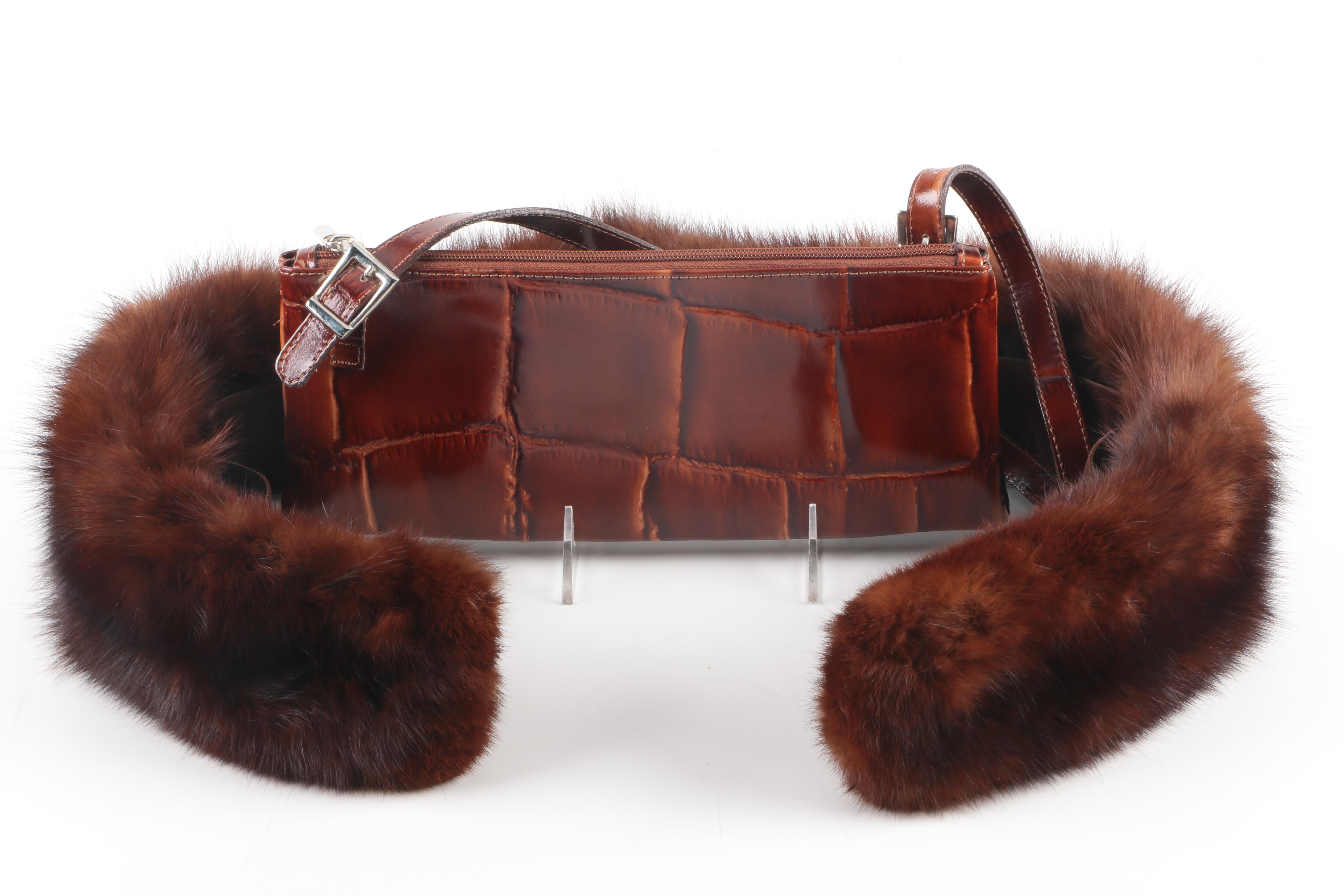 Marten Fur Collar and Focus Paris  Embossed Leather Handbag