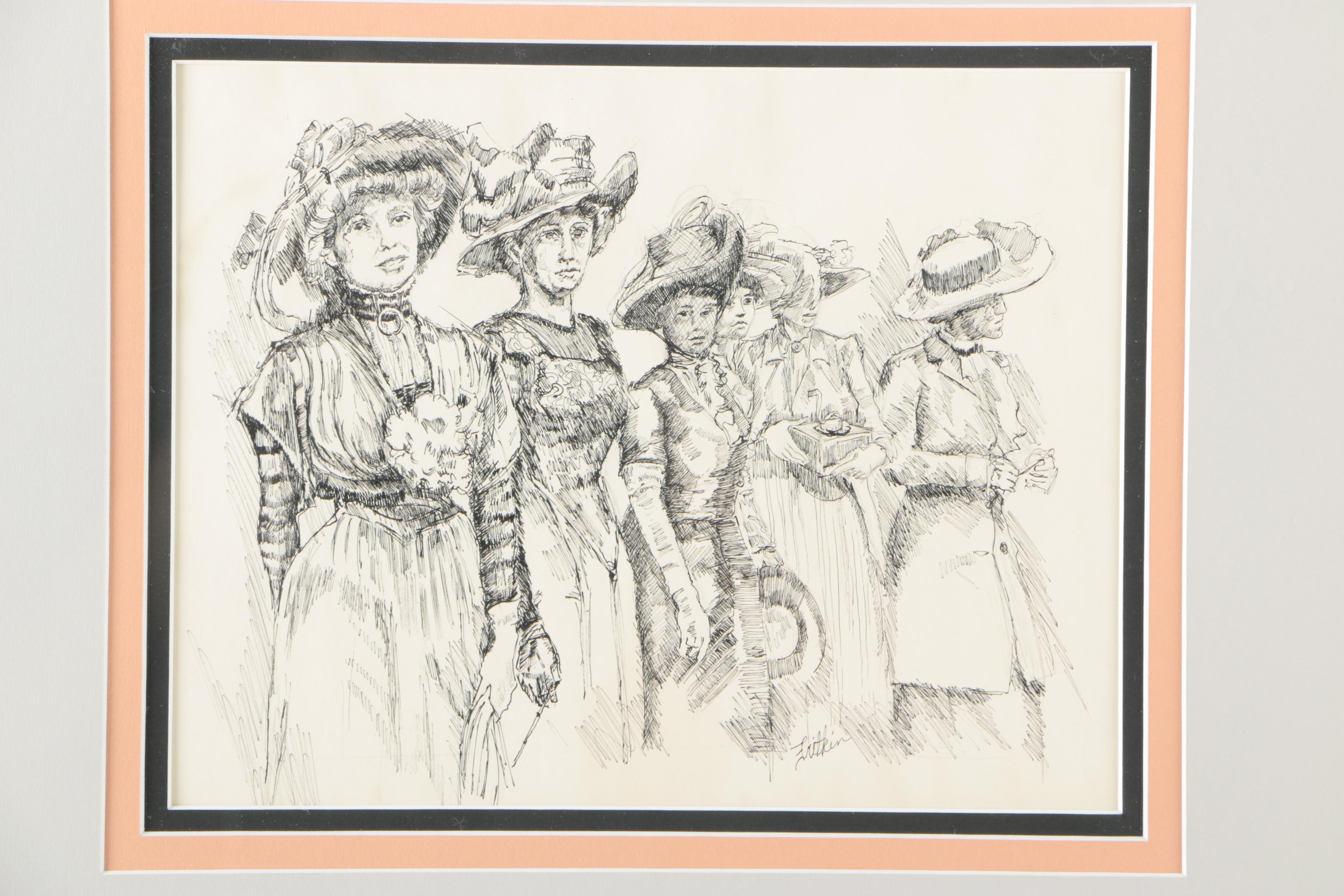 Ronald Fritkin Ink Sketch of Women in Edwardian Attire