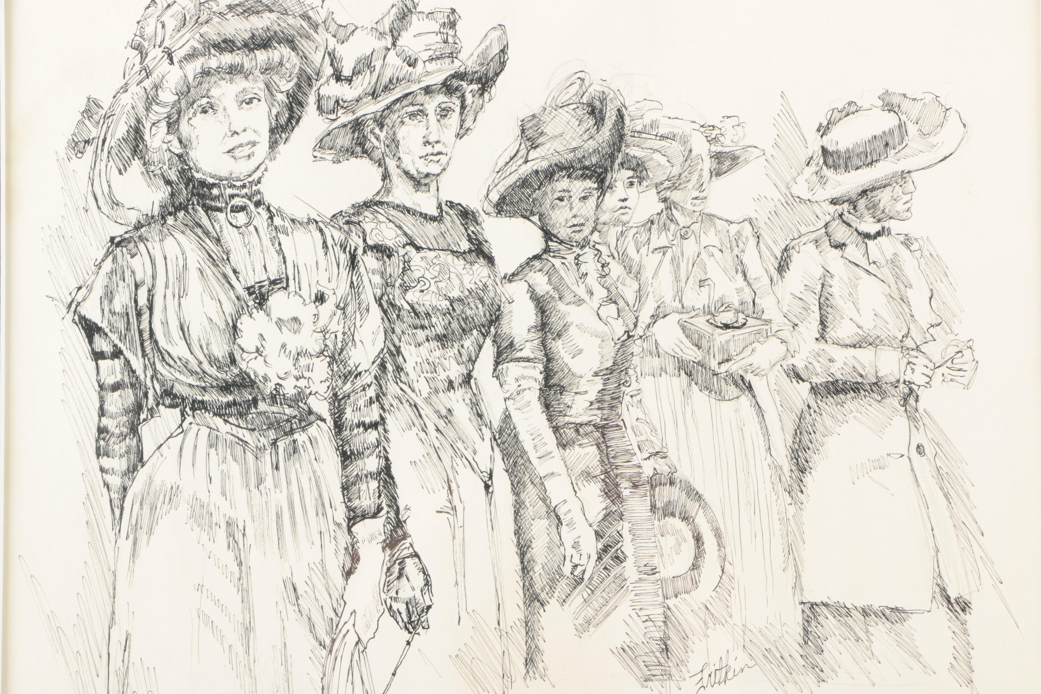 Ronald Fritkin Ink Sketch of Women in Edwardian Attire
