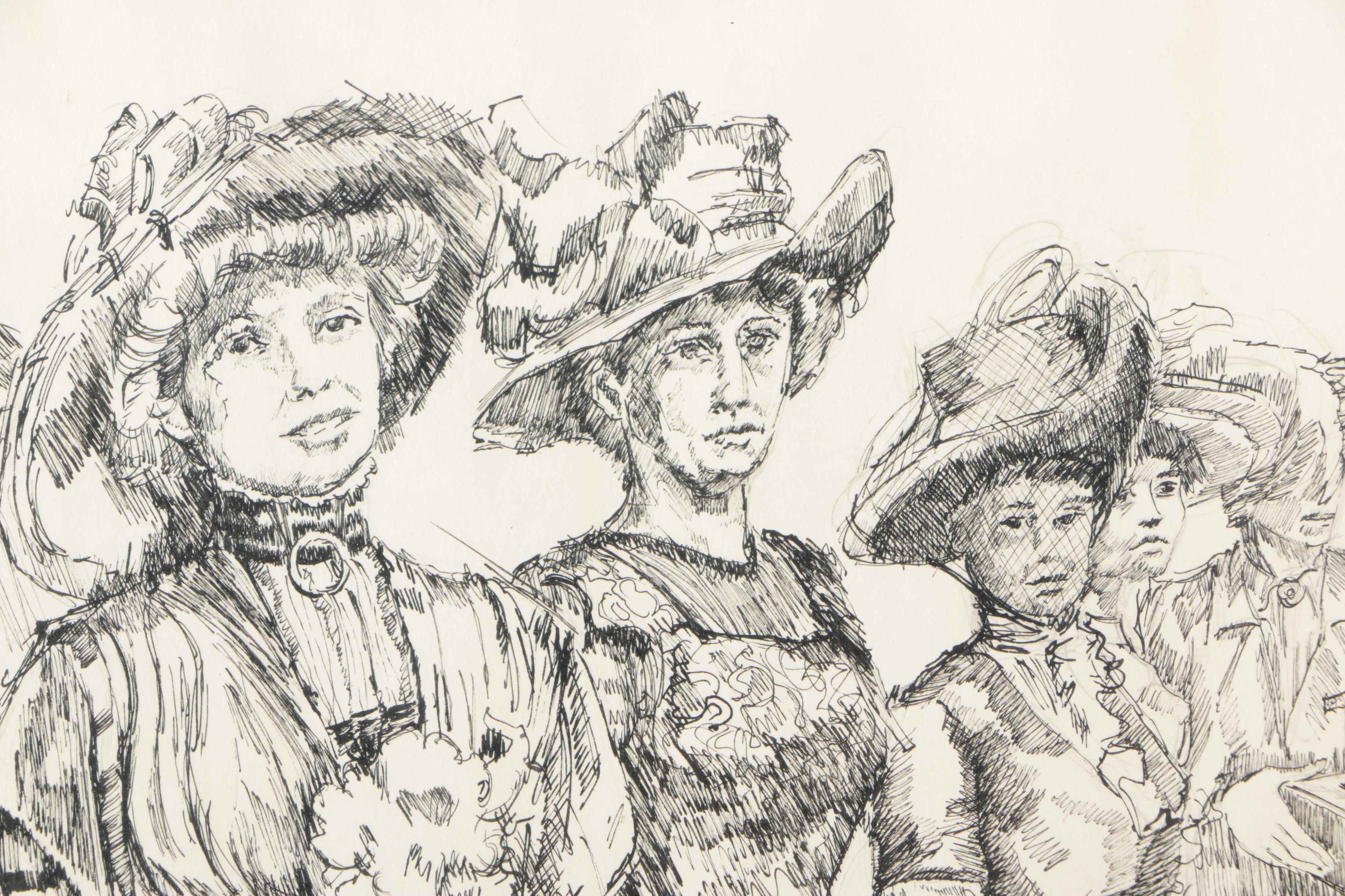 Ronald Fritkin Ink Sketch of Women in Edwardian Attire
