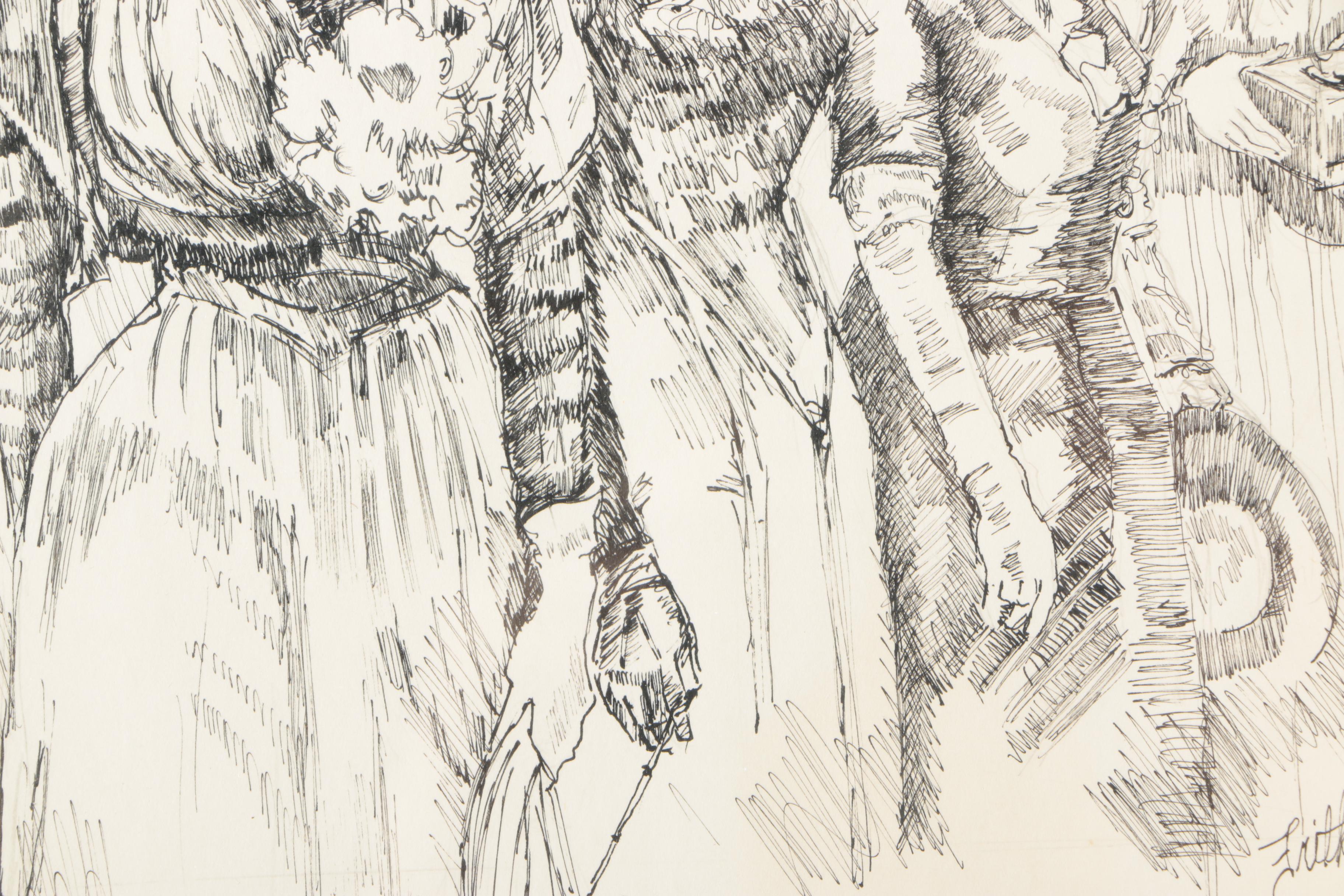 Ronald Fritkin Ink Sketch of Women in Edwardian Attire
