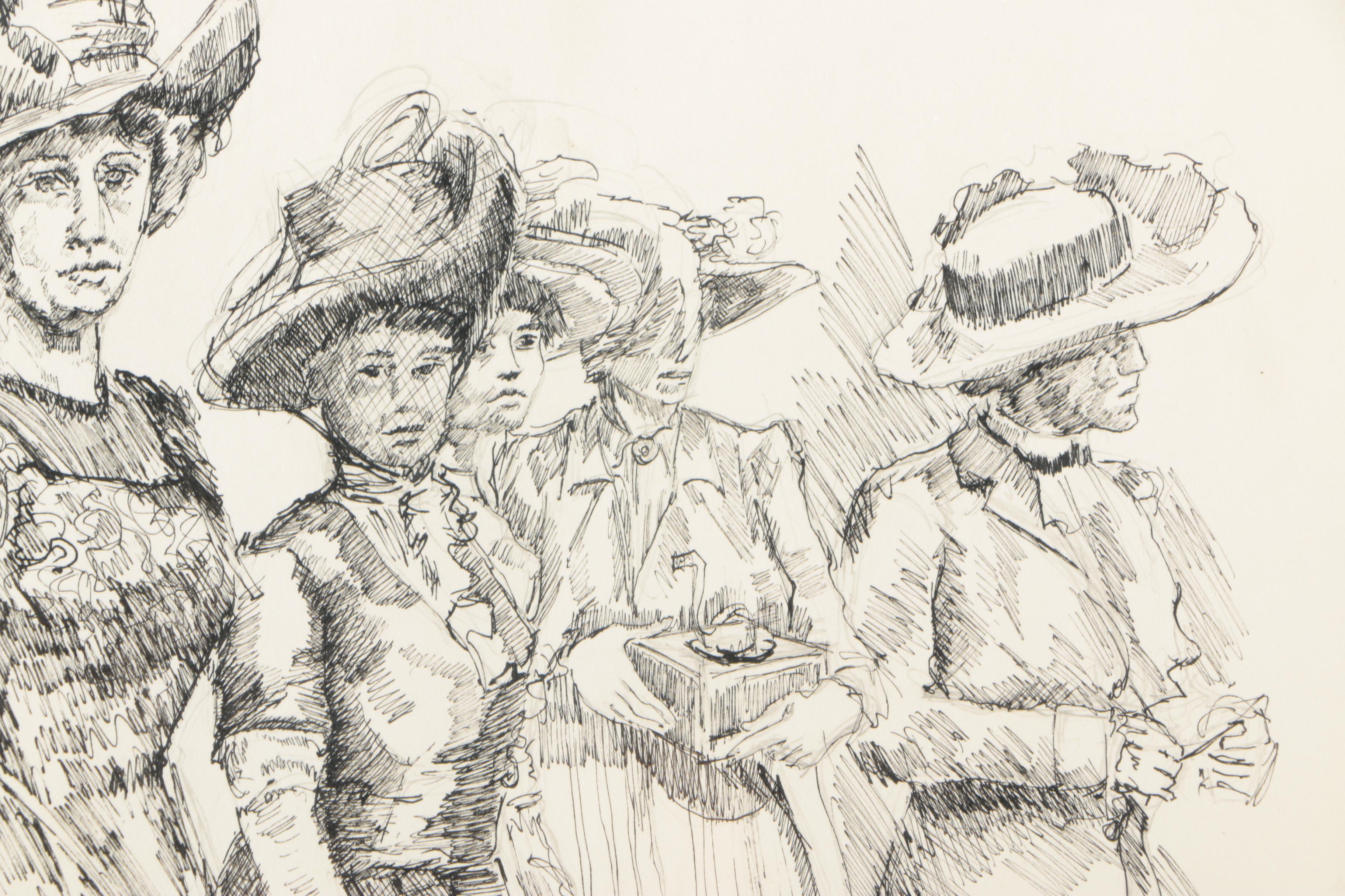 Ronald Fritkin Ink Sketch of Women in Edwardian Attire