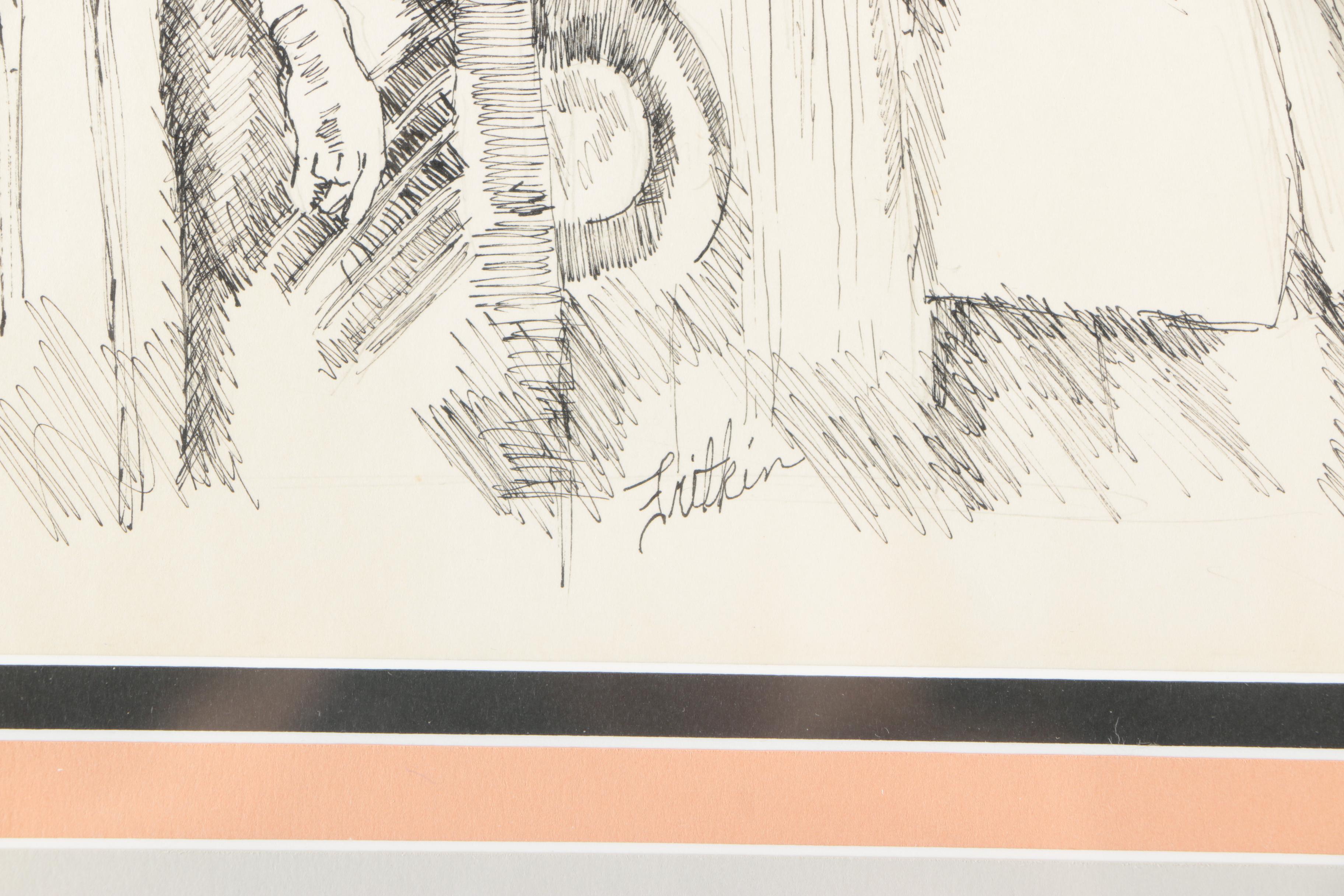 Ronald Fritkin Ink Sketch of Women in Edwardian Attire