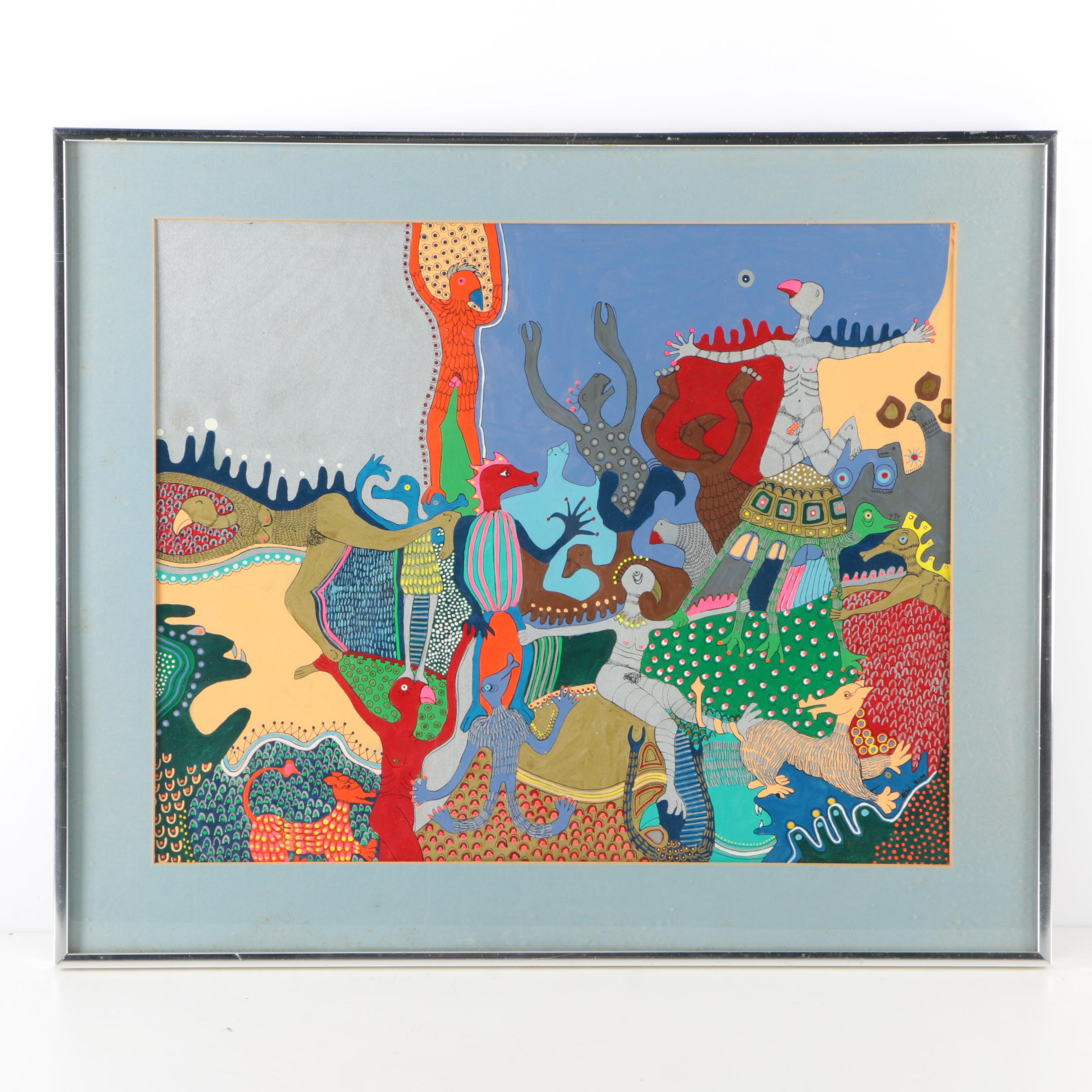 Original Acrylic And Ink Painting Of Abstract Composition