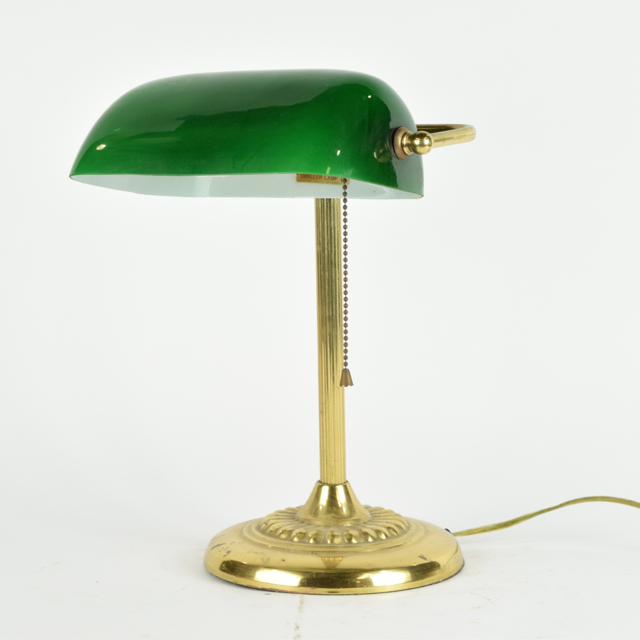 Brass Banker's Desk Lamp with Green Glass Shade