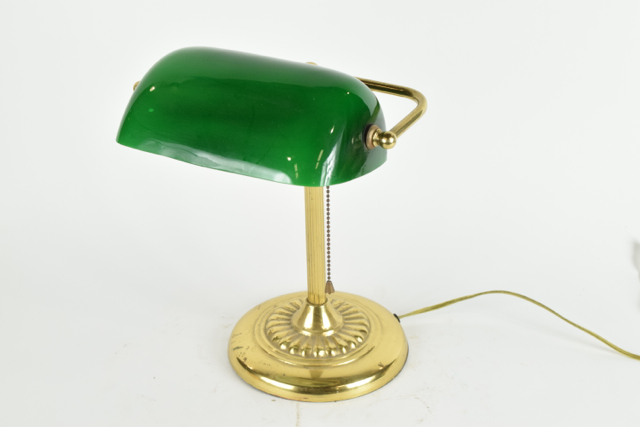 Brass Banker's Desk Lamp with Green Glass Shade
