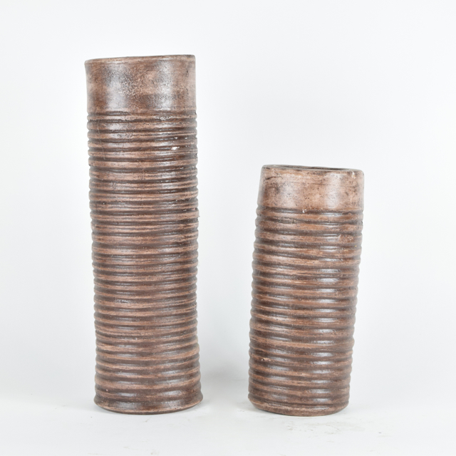 Brown Terracotta Cylindrical Vases with Candle Holder Bottoms