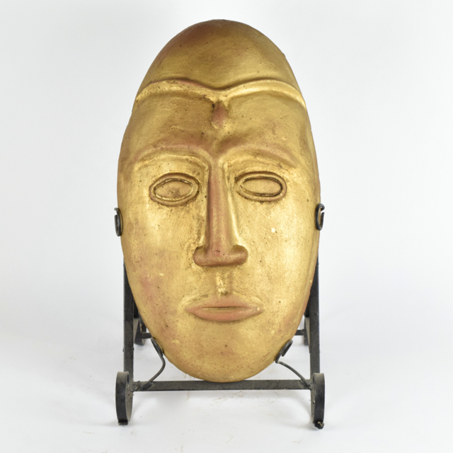 Gilt Tone Terracotta Mask in Metalwork Stand