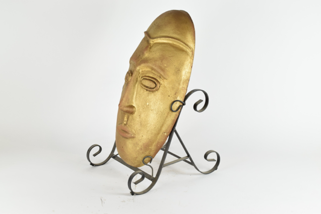 Gilt Tone Terracotta Mask in Metalwork Stand
