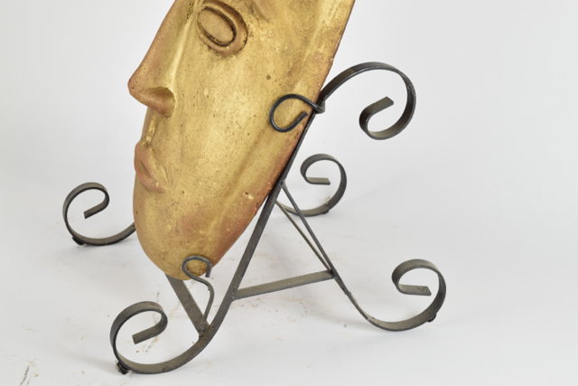 Gilt Tone Terracotta Mask in Metalwork Stand