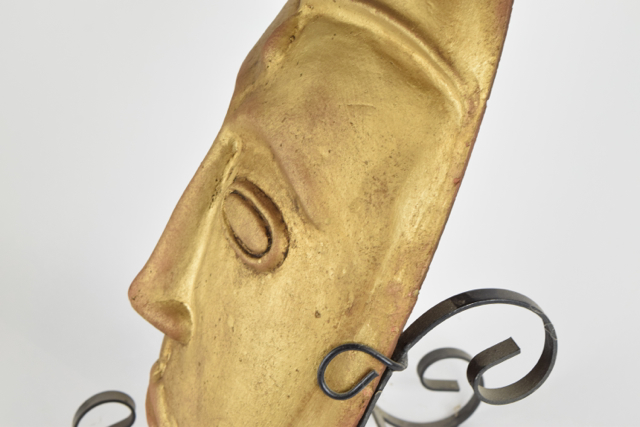 Gilt Tone Terracotta Mask in Metalwork Stand