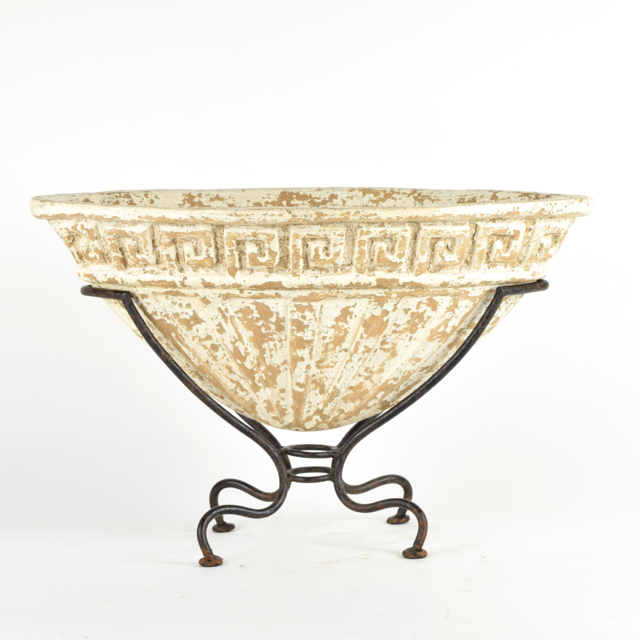 Antiqued Cream Tone Neoclassical Style Terracotta Planter in Metalwork Stand