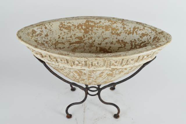 Antiqued Cream Tone Neoclassical Style Terracotta Planter in Metalwork Stand