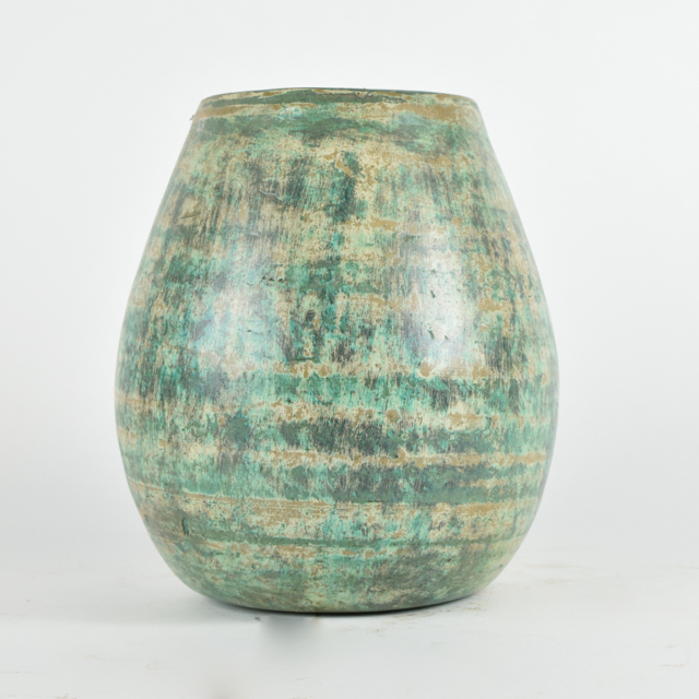 Mottled Green and Cream Tone Wheel Thrown Terracotta Vase