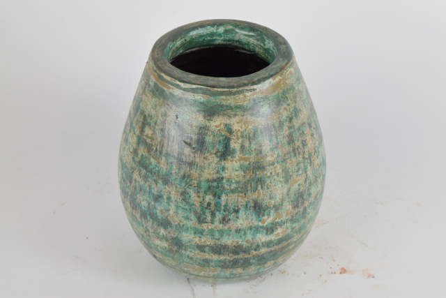 Mottled Green and Cream Tone Wheel Thrown Terracotta Vase