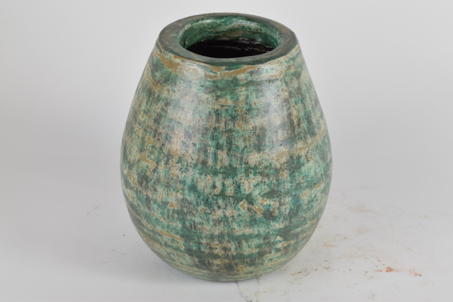 Mottled Green and Cream Tone Wheel Thrown Terracotta Vase
