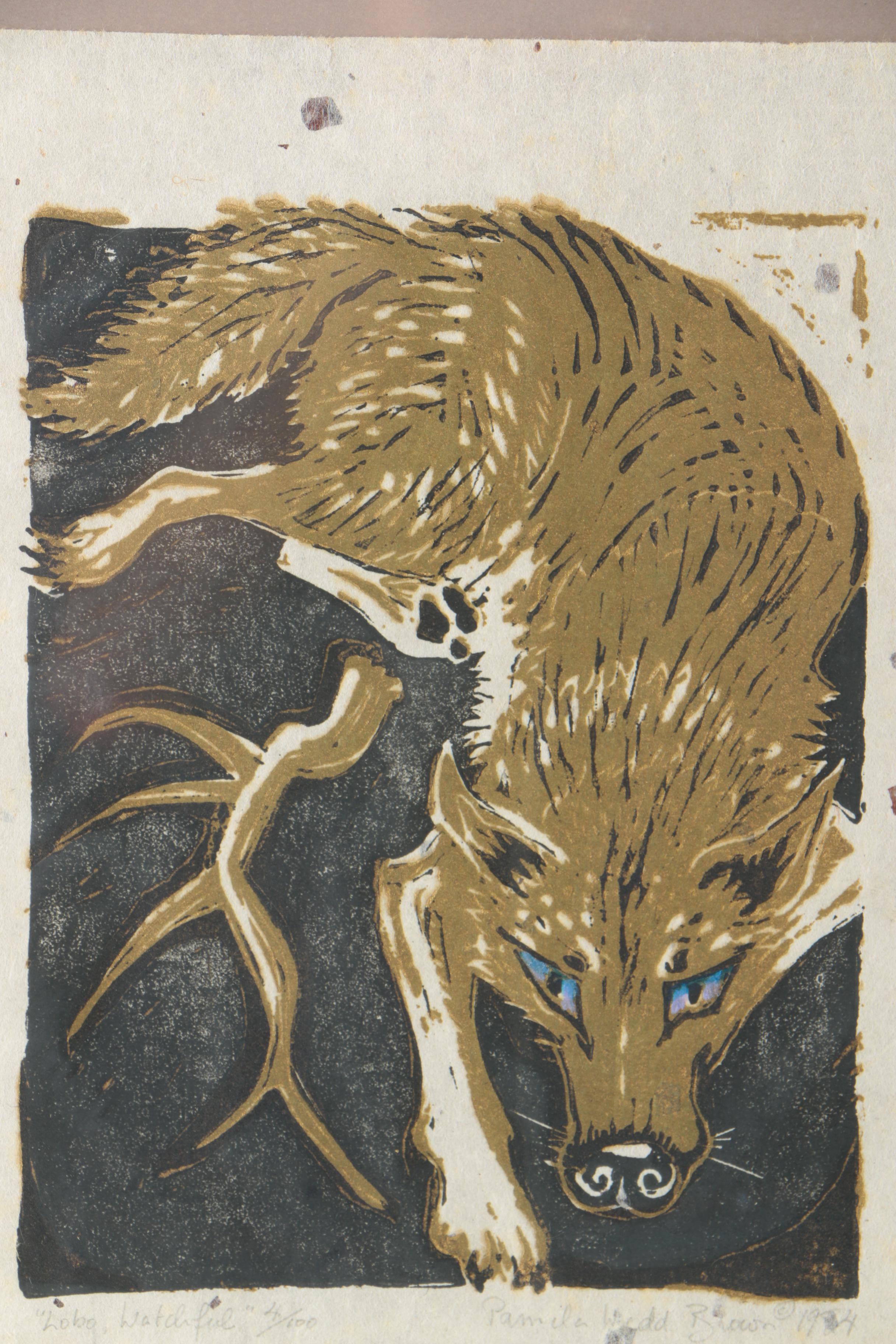Framed Relief Print "Lobo, Watchful" by Pamela Wedd Brown