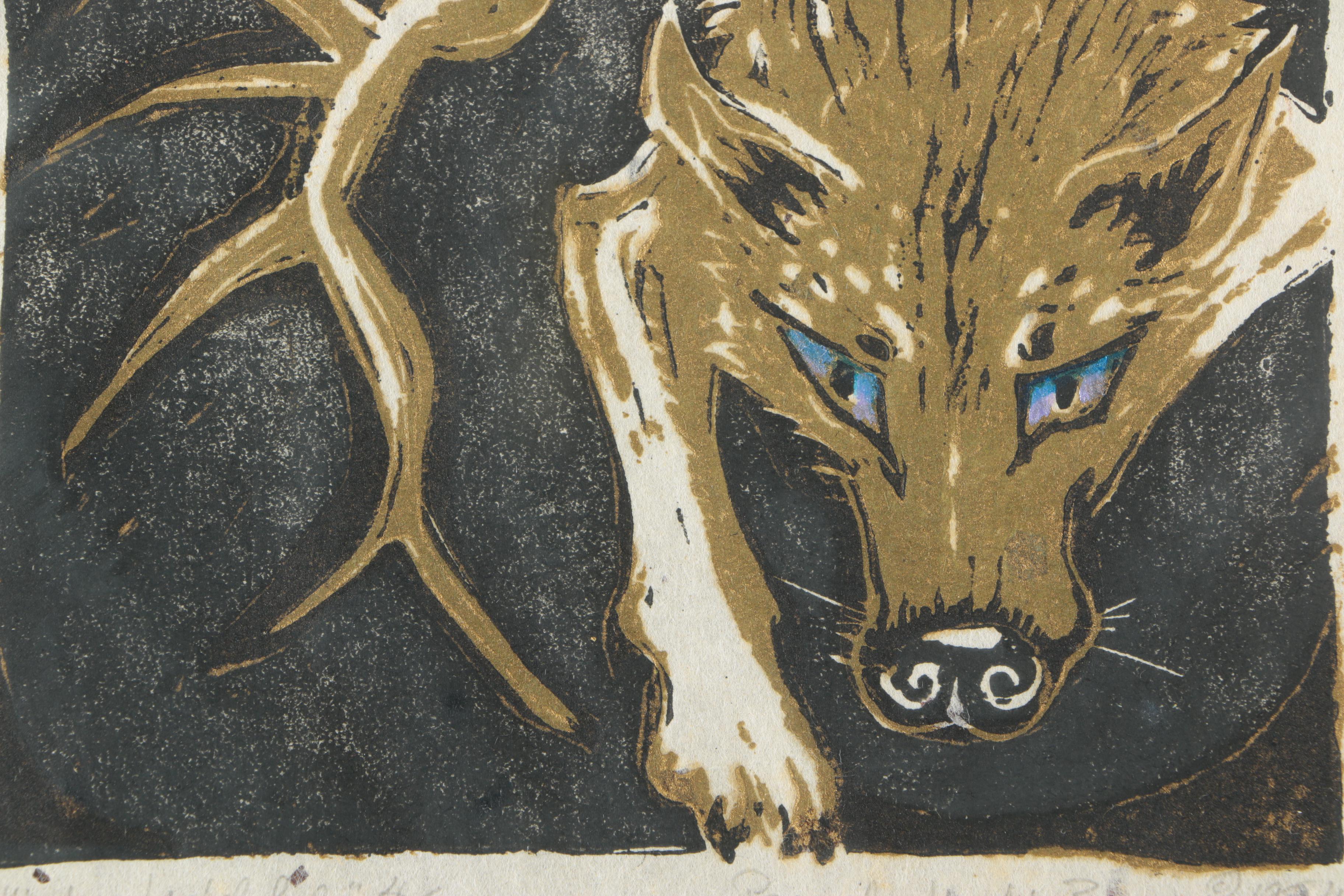 Framed Relief Print "Lobo, Watchful" by Pamela Wedd Brown