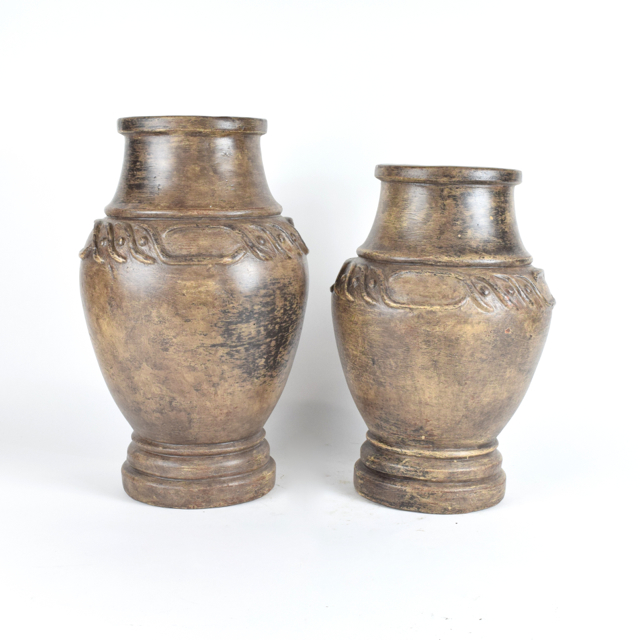 Brown Terracotta Urns with Geometric Design in Relief