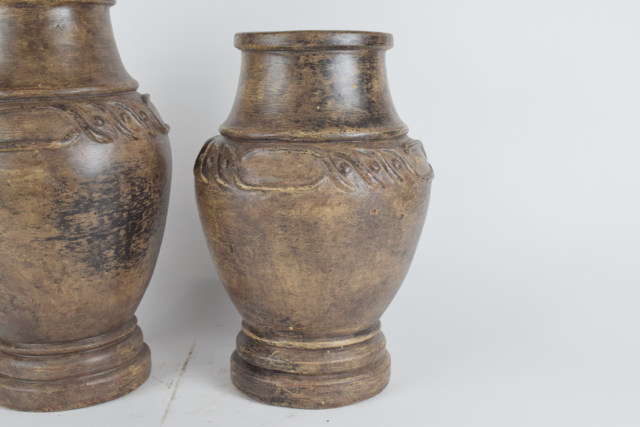 Brown Terracotta Urns with Geometric Design in Relief