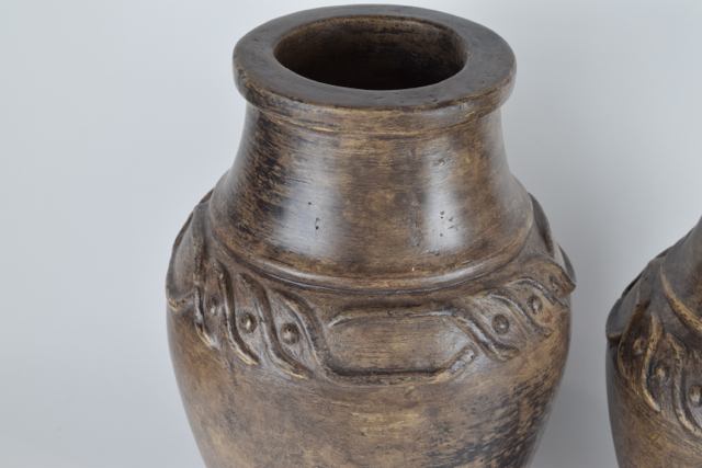 Brown Terracotta Urns with Geometric Design in Relief