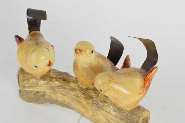 Songbirds on a Branch Art Pottery and Metalwork Sculpture