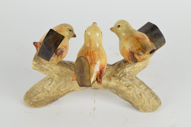 Songbirds on a Branch Art Pottery and Metalwork Sculpture