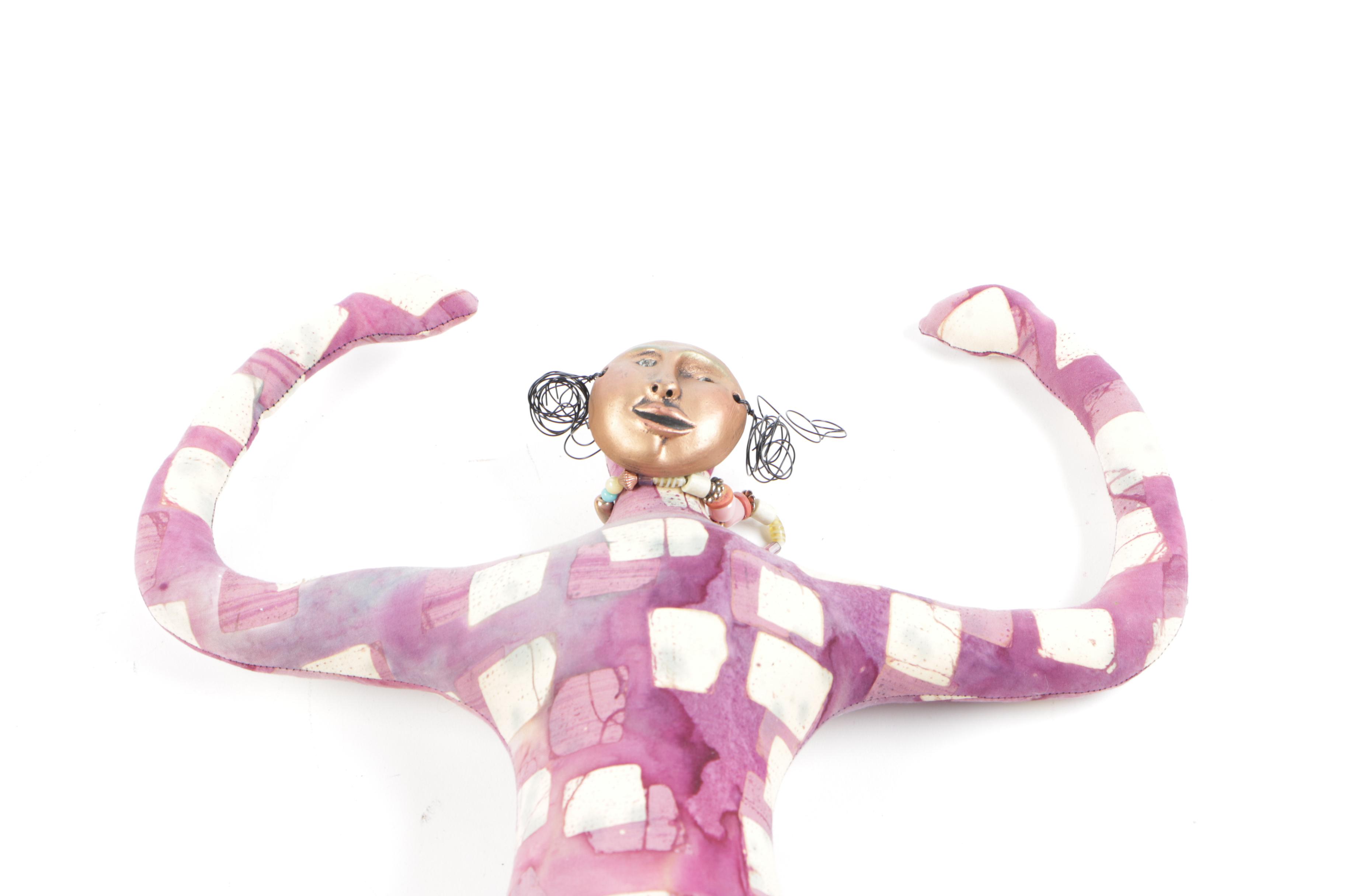 Cloth Figural Sculpture With Beaded Necklace