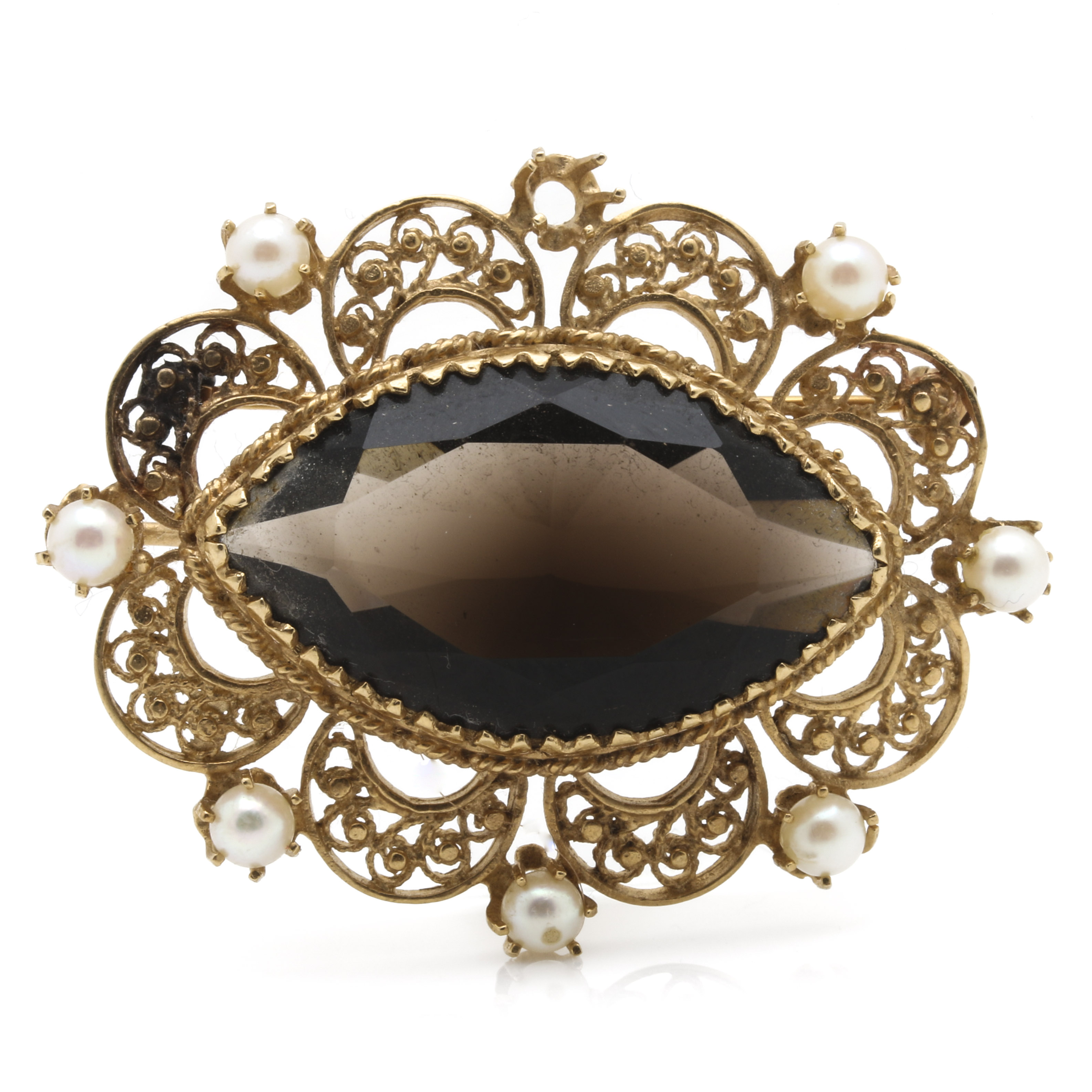 14K Yellow Gold 16.18 CTS Smoky Quartz and Cultured Pearl Brooch