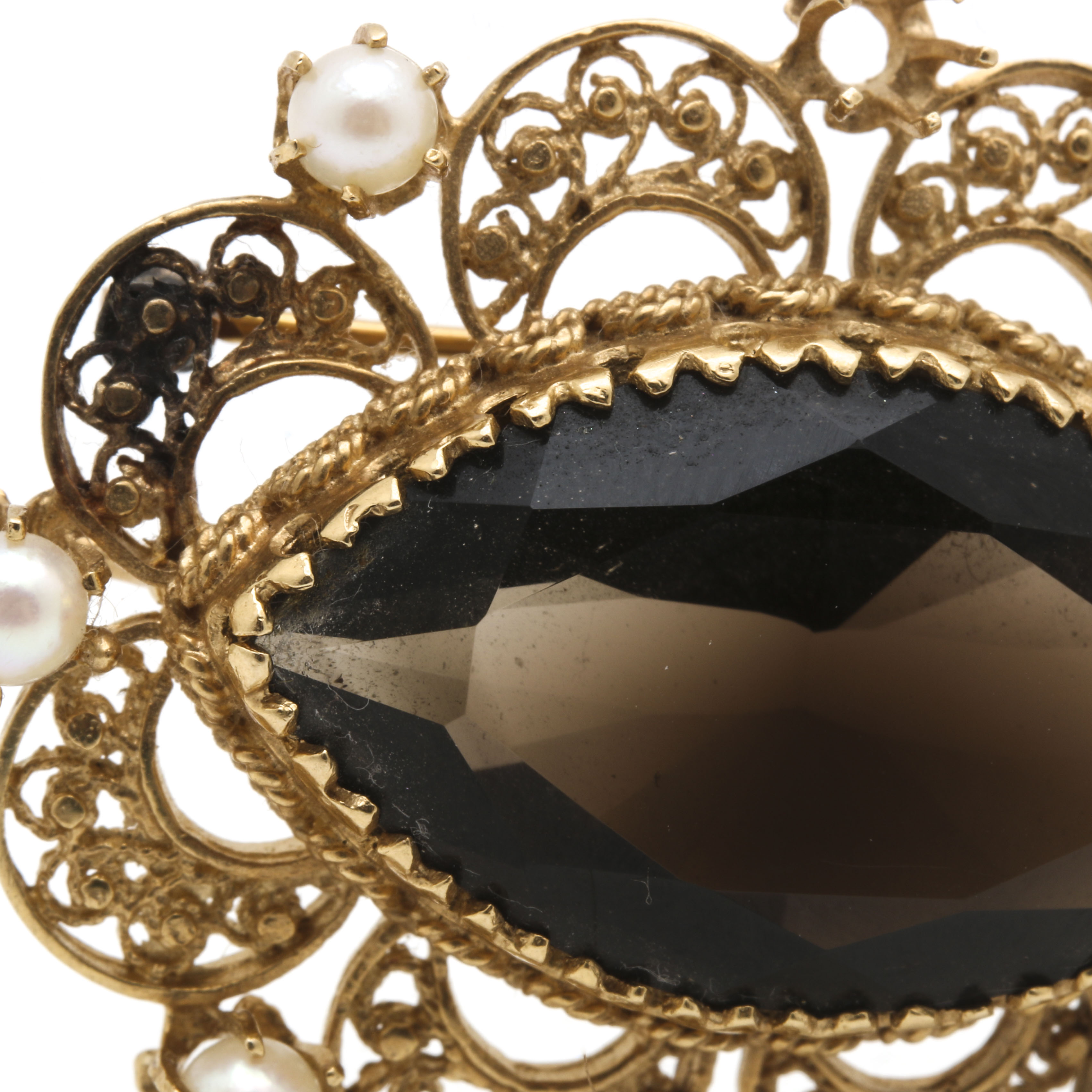 14K Yellow Gold 16.18 CTS Smoky Quartz and Cultured Pearl Brooch