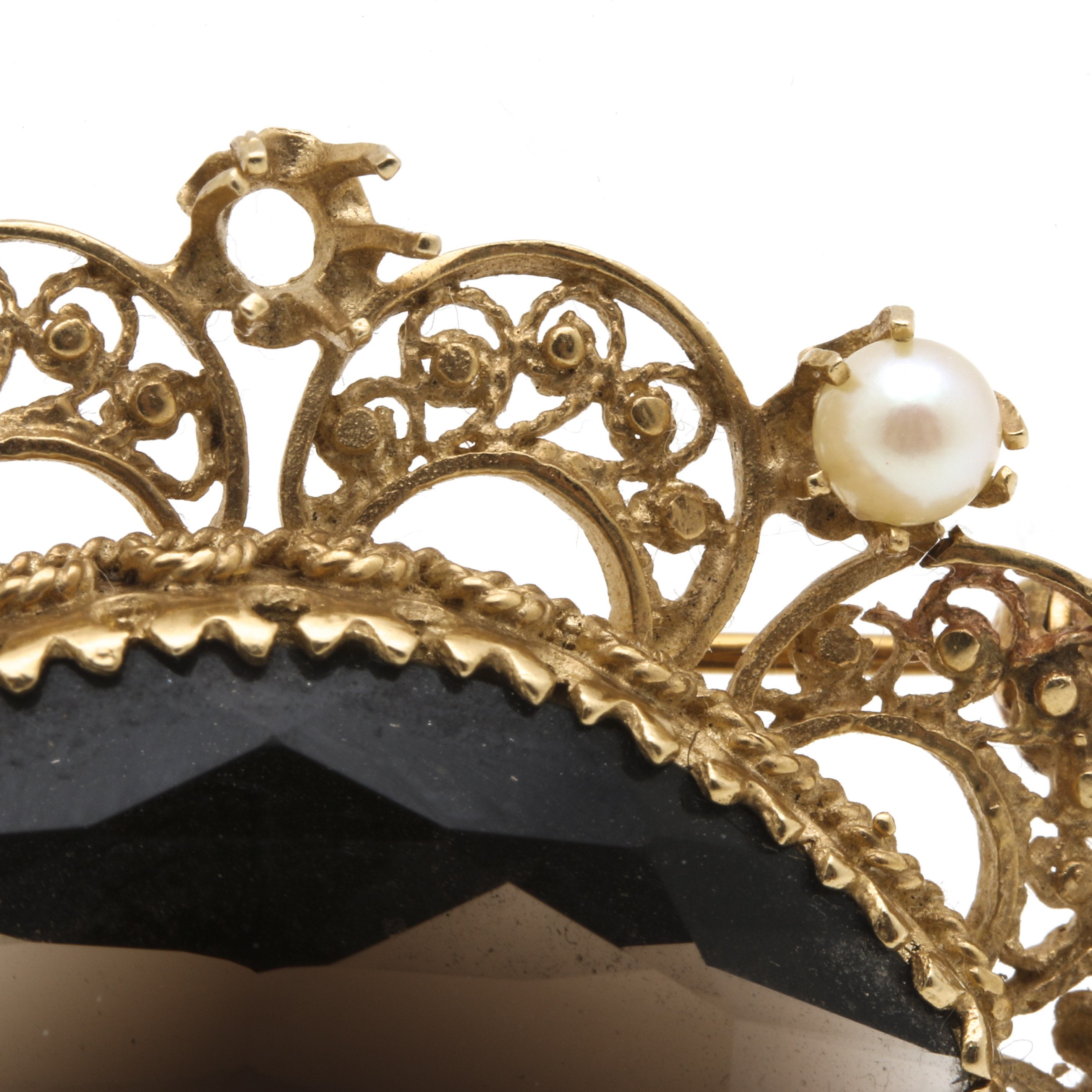 14K Yellow Gold 16.18 CTS Smoky Quartz and Cultured Pearl Brooch